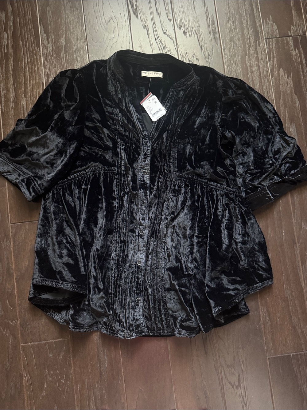 We The Free Black Velvet Button-Front Peasant Blouse